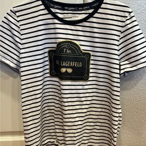Karl Lagerfeld Black and White Striped Tee with Gold Detail